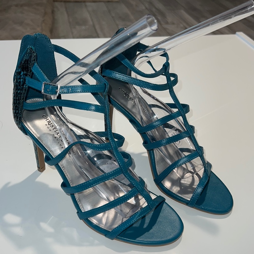 Christian Siriano Turquoise Snake Print Heels